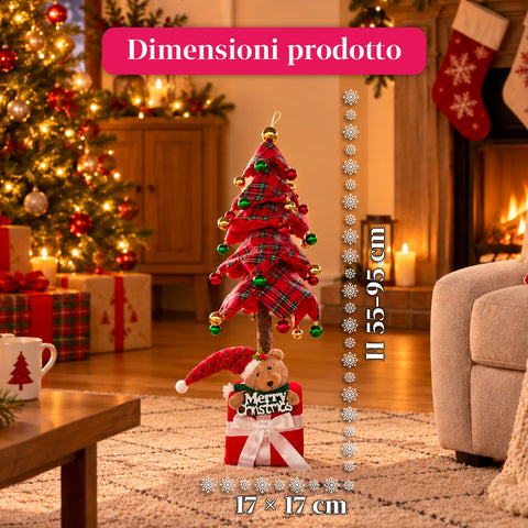 Árvore de Natal decorativa extensível de 95 cm e 90 cm em poliéster, com base em forma de presente e bolas vermelhas, verdes e douradas – 3 variantes de cor