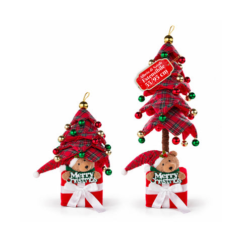 Árvore de Natal decorativa extensível de 95 cm e 90 cm em poliéster, com base em forma de presente e bolas vermelhas, verdes e douradas – 3 variantes de cor