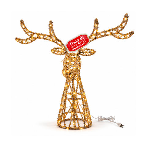 Veado luminoso LED com purpurina dourada, decoração de Natal em ferro e polietileno, luz quente alimentada por USB, 3 tamanhos: 65, 85 e 110 cm