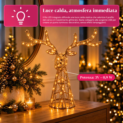 Veado luminoso LED com purpurina dourada, decoração de Natal em ferro e polietileno, luz quente alimentada por USB, 3 tamanhos: 65, 85 e 110 cm
