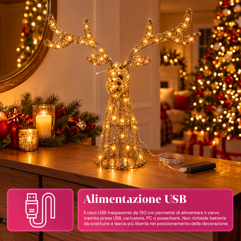 Veado luminoso LED com purpurina dourada, decoração de Natal em ferro e polietileno, luz quente alimentada por USB, 3 tamanhos: 65, 85 e 110 cm