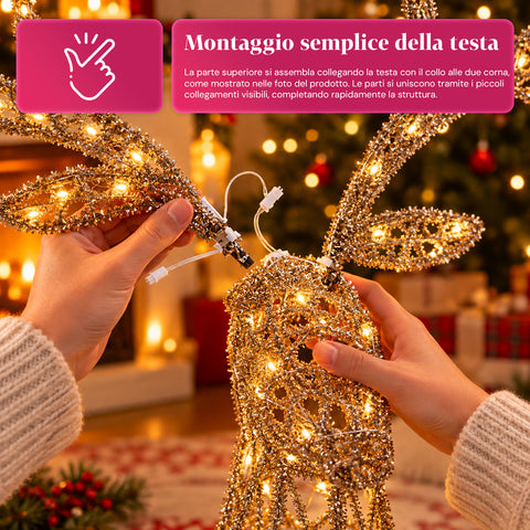 Veado luminoso LED com purpurina dourada, decoração de Natal em ferro e polietileno, luz quente alimentada por USB, 3 tamanhos: 65, 85 e 110 cm