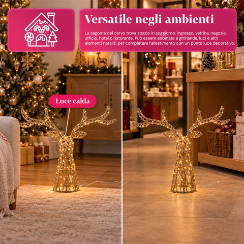 Veado luminoso LED com purpurina dourada, decoração de Natal em ferro e polietileno, luz quente alimentada por USB, 3 tamanhos: 65, 85 e 110 cm