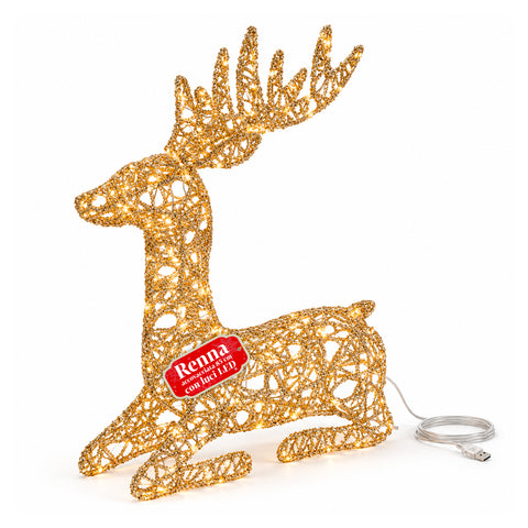 Veado luminoso LED com purpurina dourada, decoração de Natal em ferro e polietileno, luz quente alimentada por USB, 3 tamanhos: 65, 85 e 110 cm