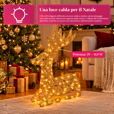 Veado luminoso LED com purpurina dourada, decoração de Natal em ferro e polietileno, luz quente alimentada por USB, 3 tamanhos: 65, 85 e 110 cm