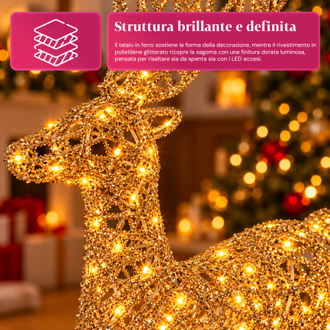 Veado luminoso LED com purpurina dourada, decoração de Natal em ferro e polietileno, luz quente alimentada por USB, 3 tamanhos: 65, 85 e 110 cm