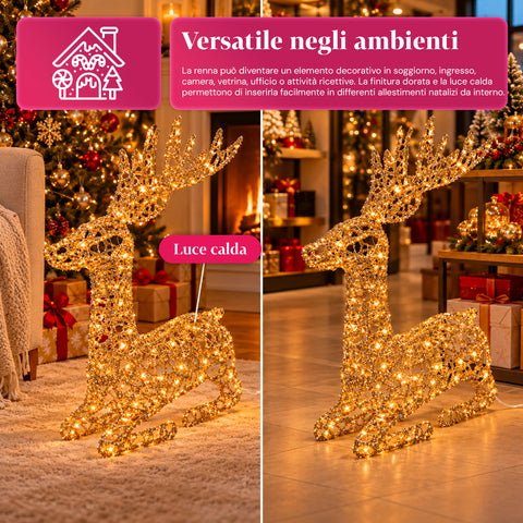 Veado luminoso LED com purpurina dourada, decoração de Natal em ferro e polietileno, luz quente alimentada por USB, 3 tamanhos: 65, 85 e 110 cm