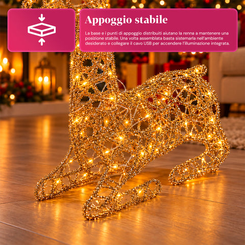 Veado luminoso LED com purpurina dourada, decoração de Natal em ferro e polietileno, luz quente alimentada por USB, 3 tamanhos: 65, 85 e 110 cm