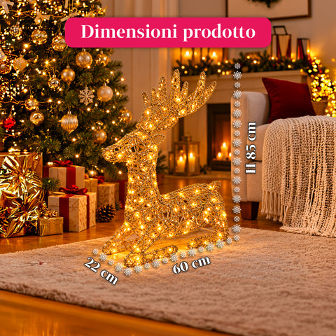 Veado luminoso LED com purpurina dourada, decoração de Natal em ferro e polietileno, luz quente alimentada por USB, 3 tamanhos: 65, 85 e 110 cm
