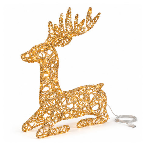 Veado luminoso LED com purpurina dourada, decoração de Natal em ferro e polietileno, luz quente alimentada por USB, 3 tamanhos: 65, 85 e 110 cm