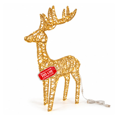 Veado luminoso LED com purpurina dourada, decoração de Natal em ferro e polietileno, luz quente alimentada por USB, 3 tamanhos: 65, 85 e 110 cm