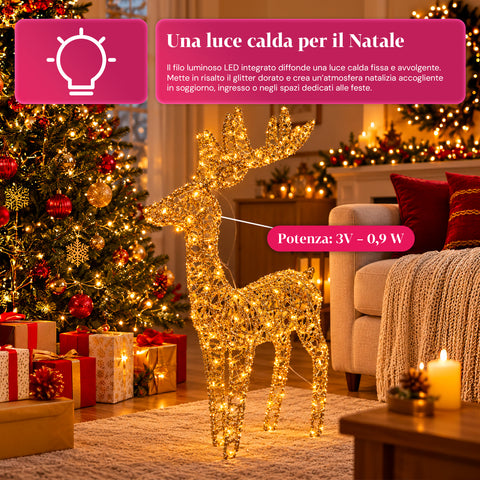 Veado luminoso LED com purpurina dourada, decoração de Natal em ferro e polietileno, luz quente alimentada por USB, 3 tamanhos: 65, 85 e 110 cm