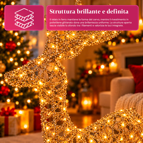 Veado luminoso LED com purpurina dourada, decoração de Natal em ferro e polietileno, luz quente alimentada por USB, 3 tamanhos: 65, 85 e 110 cm