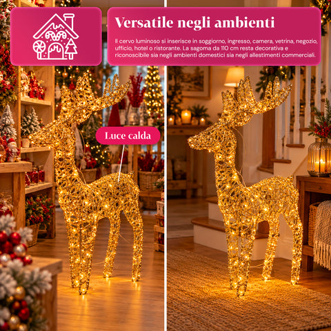 Veado luminoso LED com purpurina dourada, decoração de Natal em ferro e polietileno, luz quente alimentada por USB, 3 tamanhos: 65, 85 e 110 cm