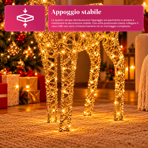 Veado luminoso LED com purpurina dourada, decoração de Natal em ferro e polietileno, luz quente alimentada por USB, 3 tamanhos: 65, 85 e 110 cm