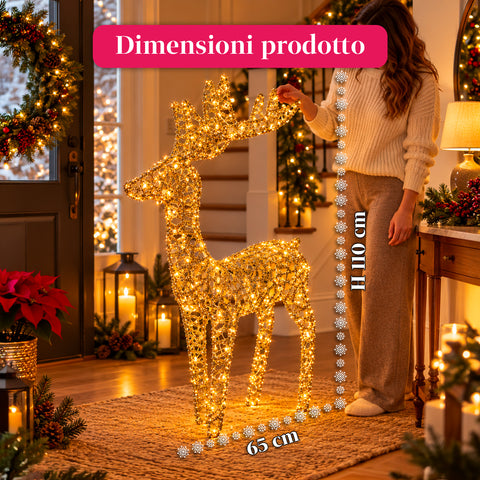 Veado luminoso LED com purpurina dourada, decoração de Natal em ferro e polietileno, luz quente alimentada por USB, 3 tamanhos: 65, 85 e 110 cm