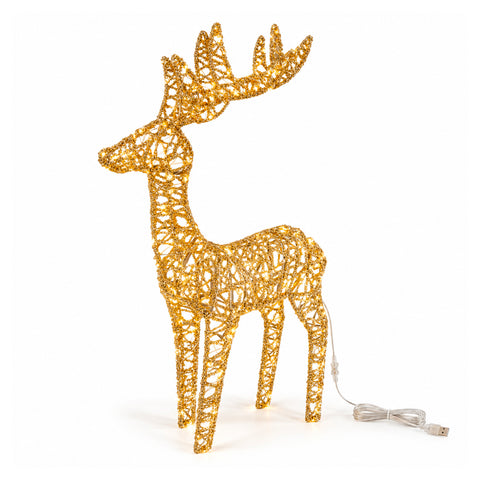 Veado luminoso LED com purpurina dourada, decoração de Natal em ferro e polietileno, luz quente alimentada por USB, 3 tamanhos: 65, 85 e 110 cm