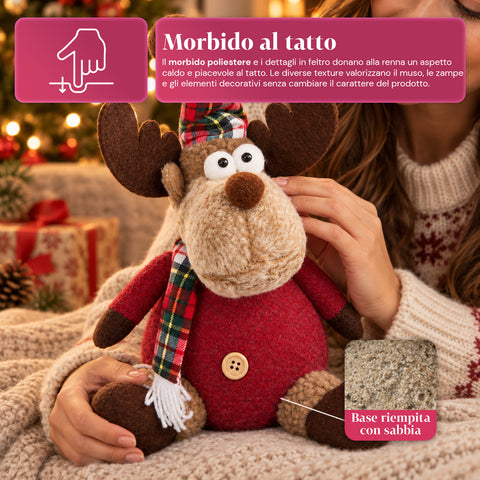 Rena decorativa de Natal em poliéster - ornamento de Natal com base com acabamento arenado, design divertido, 4 variantes de estilo, 2 tamanhos: 35 e 50 cm