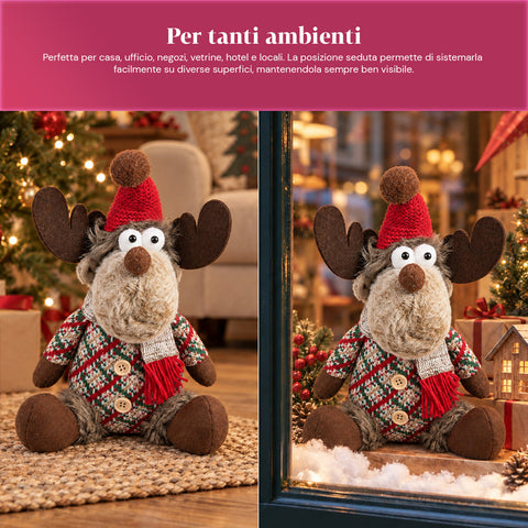 Rena decorativa de Natal em poliéster - ornamento de Natal com base com acabamento arenado, design divertido, 4 variantes de estilo, 2 tamanhos: 35 e 50 cm