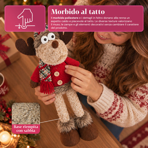 Rena decorativa de Natal em poliéster - ornamento de Natal com base com acabamento arenado, design divertido, 4 variantes de estilo, 2 tamanhos: 35 e 50 cm