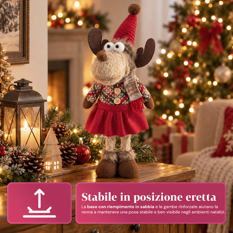 Rena decorativa de Natal em poliéster - ornamento de Natal com base com acabamento arenado, design divertido, 4 variantes de estilo, 2 tamanhos: 35 e 50 cm