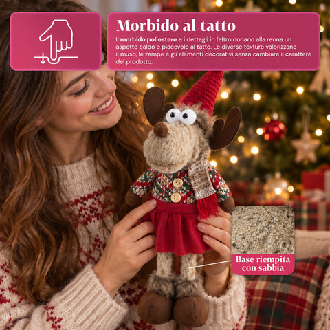Rena decorativa de Natal em poliéster - ornamento de Natal com base com acabamento arenado, design divertido, 4 variantes de estilo, 2 tamanhos: 35 e 50 cm
