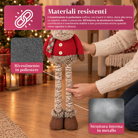 Rena decorativa de Natal extensível de 55-85 cm - ornamento de Natal com pernas telescópicas, estrutura em metal e poliéster, 4 variantes de estilo