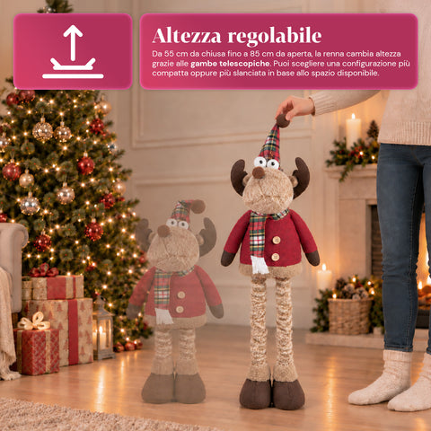 Rena decorativa de Natal extensível de 55-85 cm - ornamento de Natal com pernas telescópicas, estrutura em metal e poliéster, 4 variantes de estilo