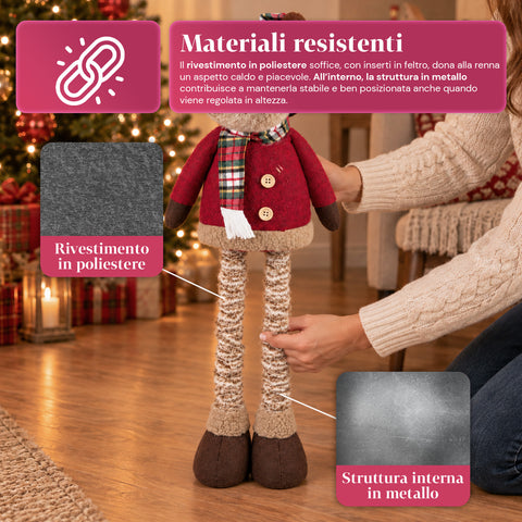 Rena decorativa de Natal extensível de 55-85 cm - ornamento de Natal com pernas telescópicas, estrutura em metal e poliéster, 4 variantes de estilo