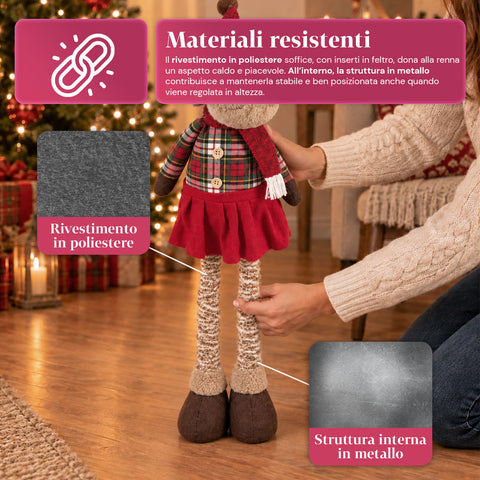 Rena decorativa de Natal extensível de 55-85 cm - ornamento de Natal com pernas telescópicas, estrutura em metal e poliéster, 4 variantes de estilo