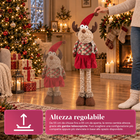Rena decorativa de Natal extensível de 55-85 cm - ornamento de Natal com pernas telescópicas, estrutura em metal e poliéster, 4 variantes de estilo