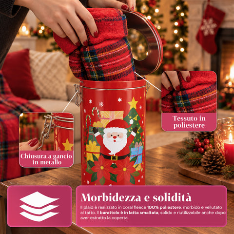 Barattolo Natalizio 30x16 cm con Plaid Coral Fleece 145x110 cm, Coperta Morbida Tartan a Quadri - Blind Box