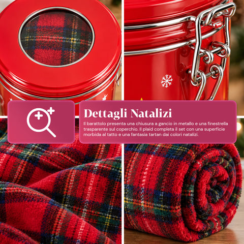 Barattolo Natalizio 30x16 cm con Plaid Coral Fleece 145x110 cm, Coperta Morbida Tartan a Quadri - Blind Box