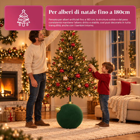 Base para árvore de Natal com bola gigante e efeito de veludo, 41x41x44 cm, para árvores até 180 cm - cobertura de base com encaixe de Ø 4 cm, vermelho bordeaux e verde