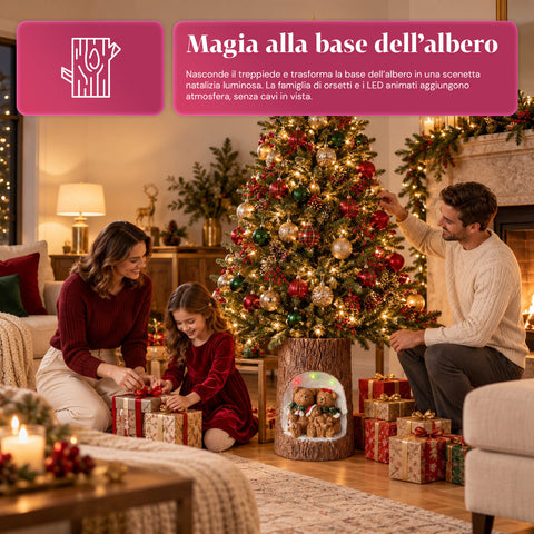 Base em forma de tronco para árvore de Natal com LEDs animados e personagens 3D para árvores até 180 cm - Cobertura da base em ferro e magnésio com encaixe de Ø 4 cm