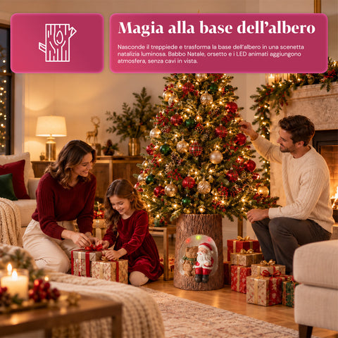 Base em forma de tronco para árvore de Natal com LEDs animados e personagens 3D para árvores até 180 cm - Cobertura da base em ferro e magnésio com encaixe de Ø 4 cm