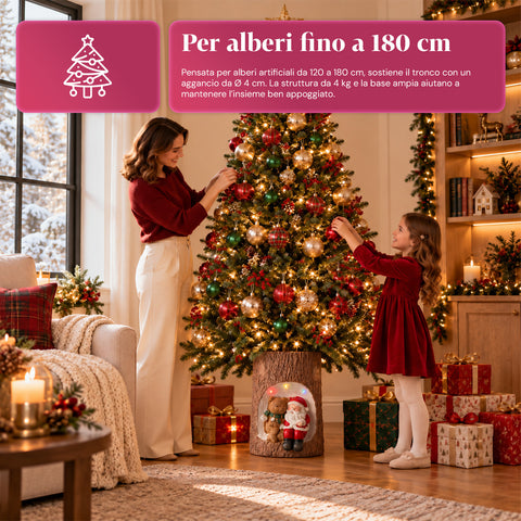 Base em forma de tronco para árvore de Natal com LEDs animados e personagens 3D para árvores até 180 cm - Cobertura da base em ferro e magnésio com encaixe de Ø 4 cm