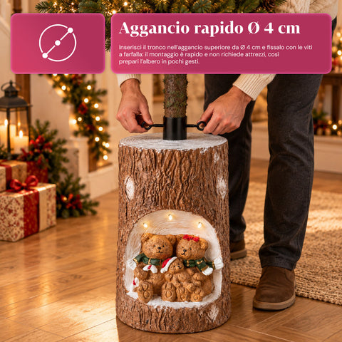 Base em forma de tronco para árvore de Natal com LEDs animados e personagens 3D para árvores até 180 cm - Cobertura da base em ferro e magnésio com encaixe de Ø 4 cm