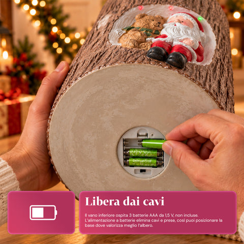 Base em forma de tronco para árvore de Natal com LEDs animados e personagens 3D para árvores até 180 cm - Cobertura da base em ferro e magnésio com encaixe de Ø 4 cm