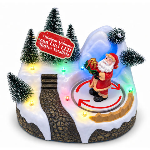 Aldeia de Natal luminosa com elemento rotativo, luzes LED e música - 3 variantes: árvore, Pai Natal, crianças - 17x14x15 cm