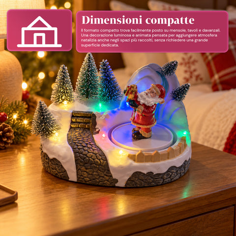 Aldeia de Natal luminosa com elemento rotativo, luzes LED e música - 3 variantes: árvore, Pai Natal, crianças - 17x14x15 cm