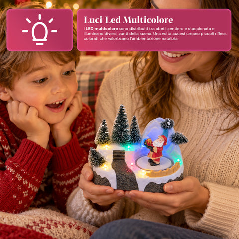 Aldeia de Natal luminosa com elemento rotativo, luzes LED e música - 3 variantes: árvore, Pai Natal, crianças - 17x14x15 cm