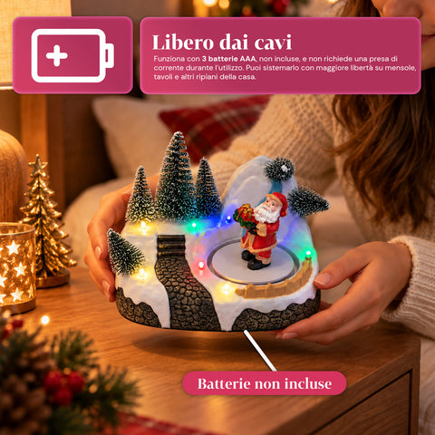 Aldeia de Natal luminosa com elemento rotativo, luzes LED e música - 3 variantes: árvore, Pai Natal, crianças - 17x14x15 cm
