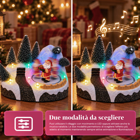 Aldeia de Natal luminosa com elemento rotativo, luzes LED e música - 3 variantes: árvore, Pai Natal, crianças - 17x14x15 cm
