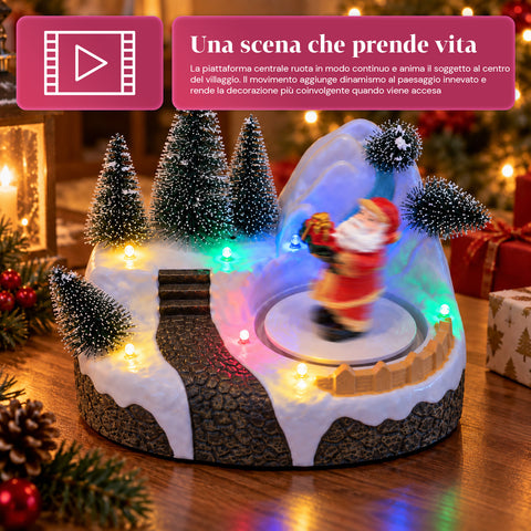 Aldeia de Natal luminosa com elemento rotativo, luzes LED e música - 3 variantes: árvore, Pai Natal, crianças - 17x14x15 cm