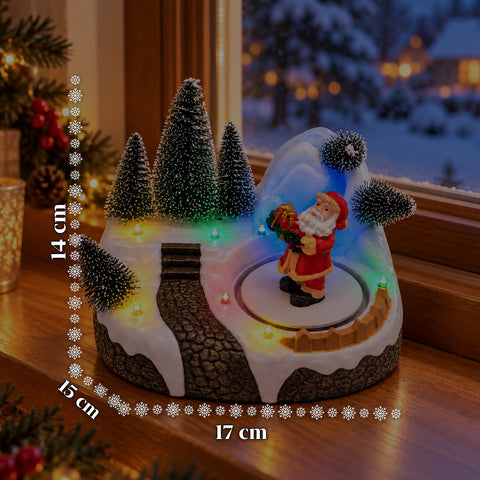 Aldeia de Natal luminosa com elemento rotativo, luzes LED e música - 3 variantes: árvore, Pai Natal, crianças - 17x14x15 cm