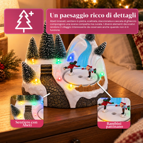 Aldeia de Natal luminosa com elemento rotativo, luzes LED e música - 3 variantes: árvore, Pai Natal, crianças - 17x14x15 cm