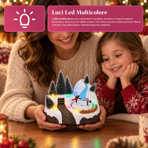Aldeia de Natal luminosa com elemento rotativo, luzes LED e música - 3 variantes: árvore, Pai Natal, crianças - 17x14x15 cm