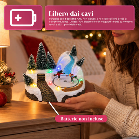 Aldeia de Natal luminosa com elemento rotativo, luzes LED e música - 3 variantes: árvore, Pai Natal, crianças - 17x14x15 cm