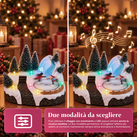 Aldeia de Natal luminosa com elemento rotativo, luzes LED e música - 3 variantes: árvore, Pai Natal, crianças - 17x14x15 cm